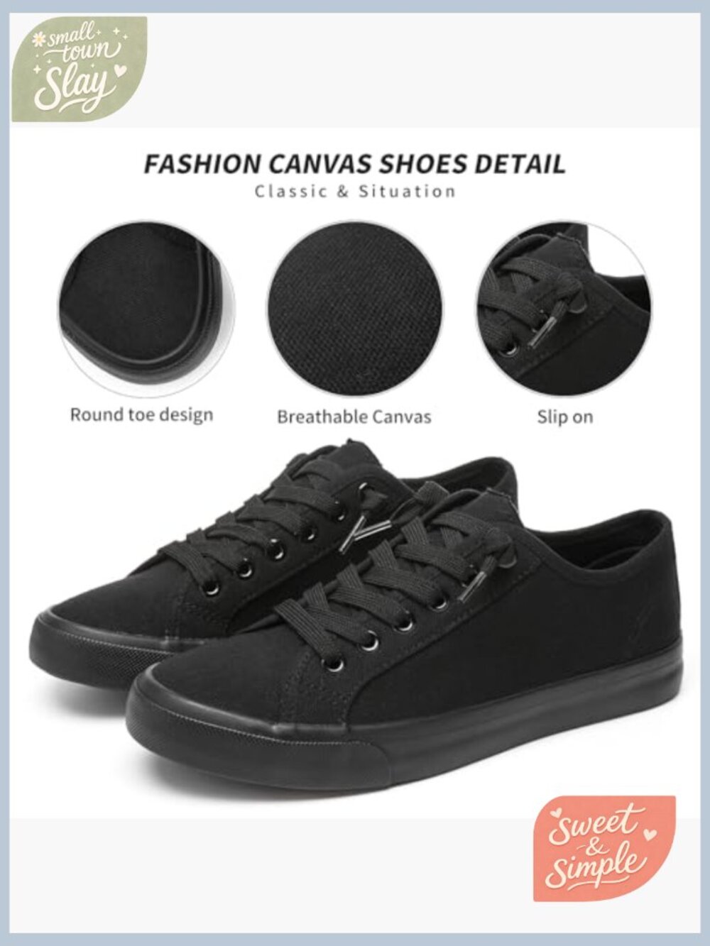 Canvas Slip On Sneakers Non Slip Breathable Casual Low Top Lace Up Walking Shoes - Picture 4 of 7